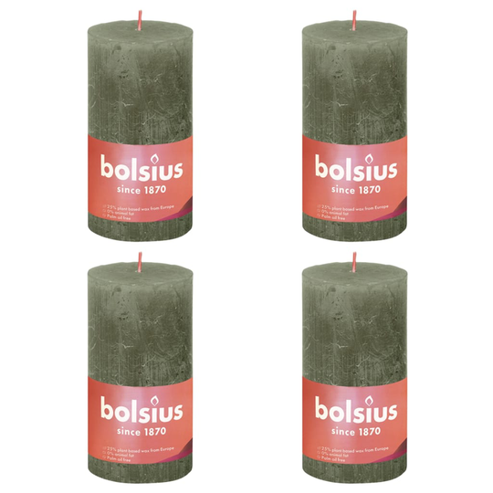 Bolsius Pilarikynttilät Shine 4 kpl rustiikkinen 130x68 mm oliivi