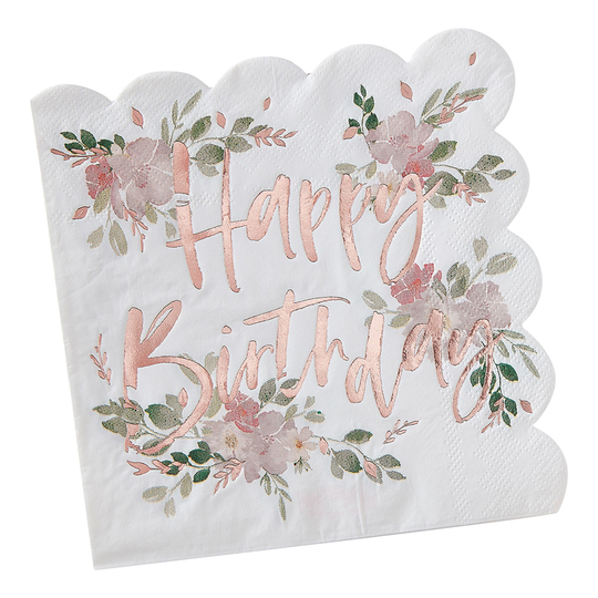 Servetit Happy Birthday Ruusukulta Kukat - 16-pakkaus