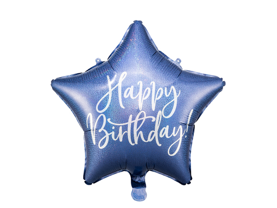 Foliopallo - Tähti - "Happy Birthday" - Sininen, 40cm