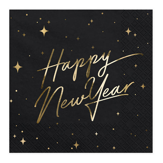 Servetit Happy New Year Kulta Metalli/Musta - 20-pakkaus