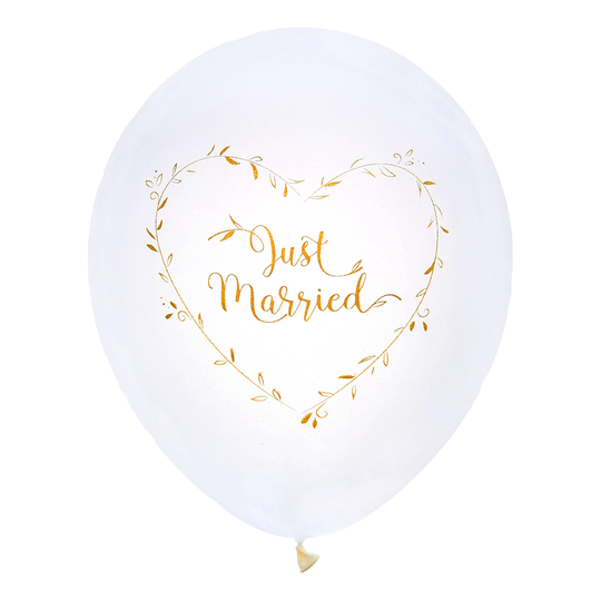 Lateksi-ilmapallot Just Married Valkoinen/Kulta - 8-pakkaus