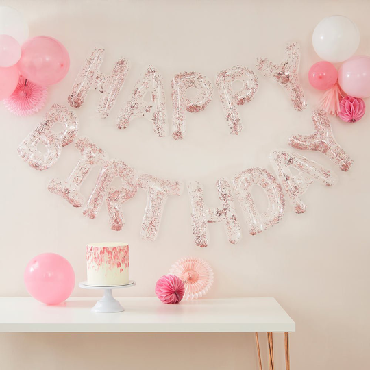Foliopallo - Happy Birthday - Kirkas, Ruusukultaisella konfetilla