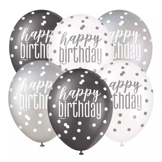 Ilmapallot - Happy Birthday, Harmaa Mix, 6kpl