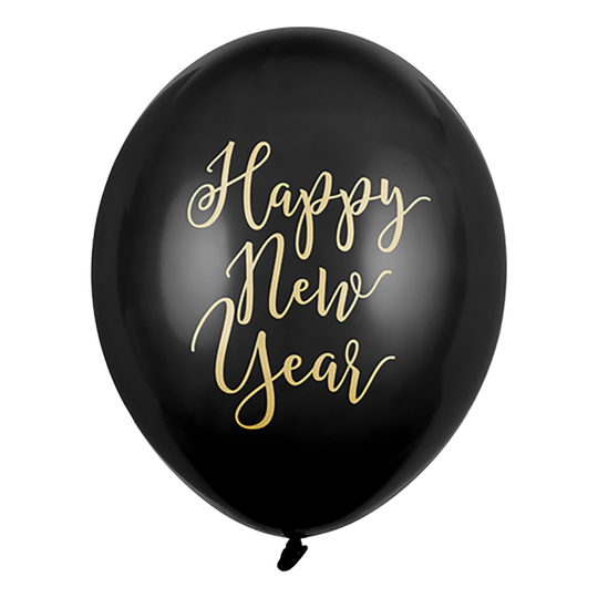 Ilmapallot Happy New Year Musta - 6-pakkaus