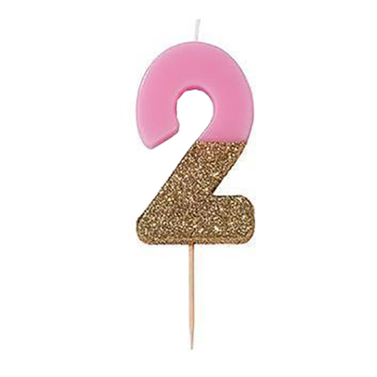 Kakunkynttilä Numerot Vaaleanpunainen/Kultaglitter - Numero 2