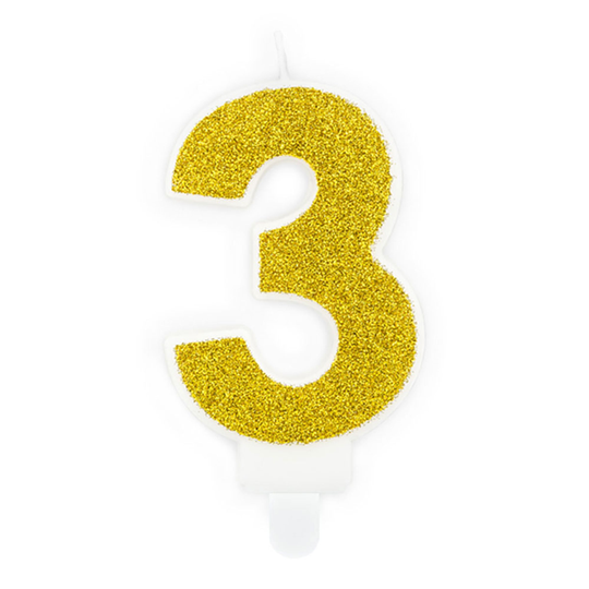 Kullanväriset Kakkukynttilät Numero Kimalle - Numero 3