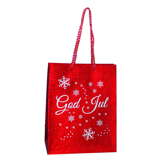 Lahjapussi Punainen/Kimalle God Jul - 12 x 15 cm