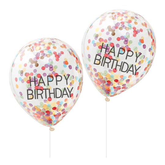 Konfetti-ilmapallot Happy Birthday Sateenkaaren värit - 5-pakkaus