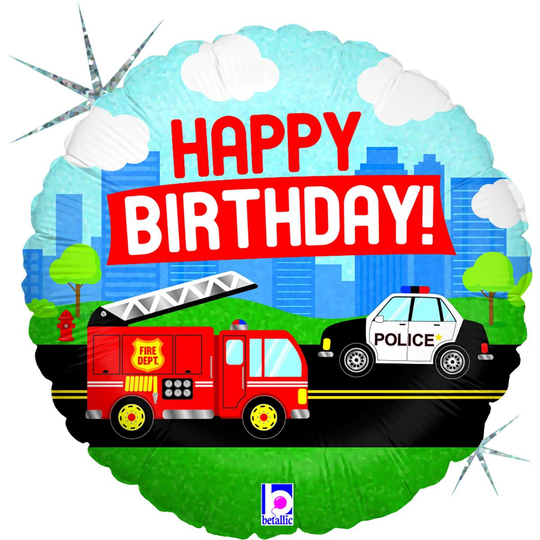 Foliopallo - Hälytysajoneuvot, Happy Birthday, 46cm