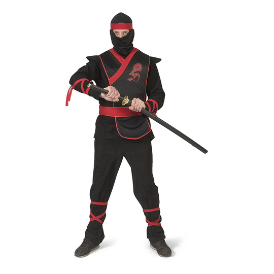 Ninja Musta/Punainen Naamiaisasu - Medium