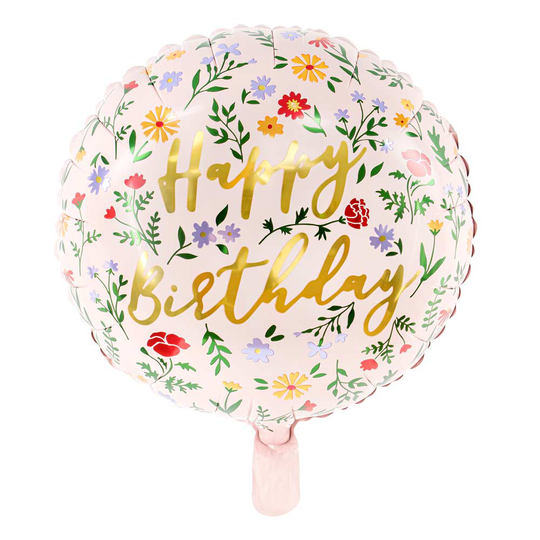 Pyöreä Foliopallo, Happy Birthday, Kukat, 35cm