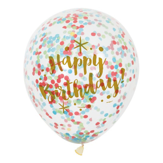Konfetti-ilmapallot Moniväriset Happy Birthday - 6-pakkaus