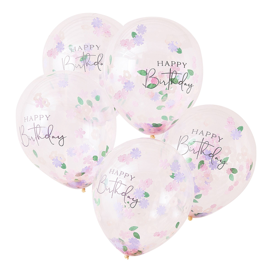 Konfetti-ilmapallot Happy Birthday Moniväriset - 5-pakkaus