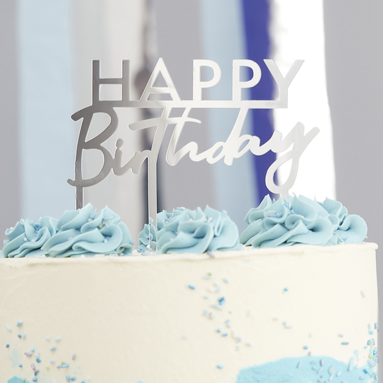 Hopeinen kakkukoriste, Happy Birthday, Akryyli