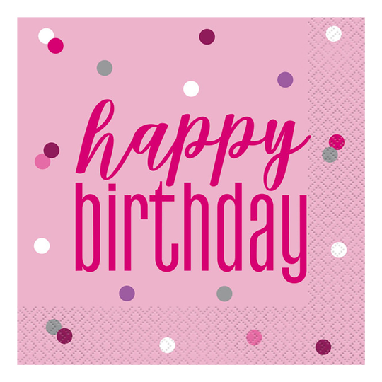 Lautasliinat Happy Birthday Vaaleanpunainen/Hopea - 16-pakkaus