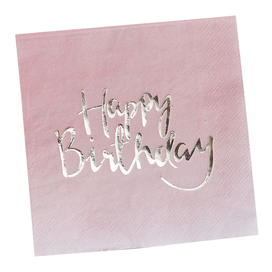 Servetit Roosa/Kultametalliset Happy Birthday - 20-pakkaus