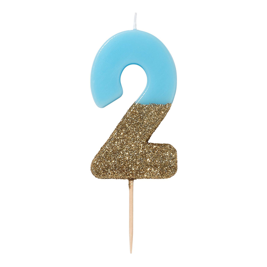 Kakunkynttilä Numerot Vaaleansininen/Kultaglitter - Numero 2
