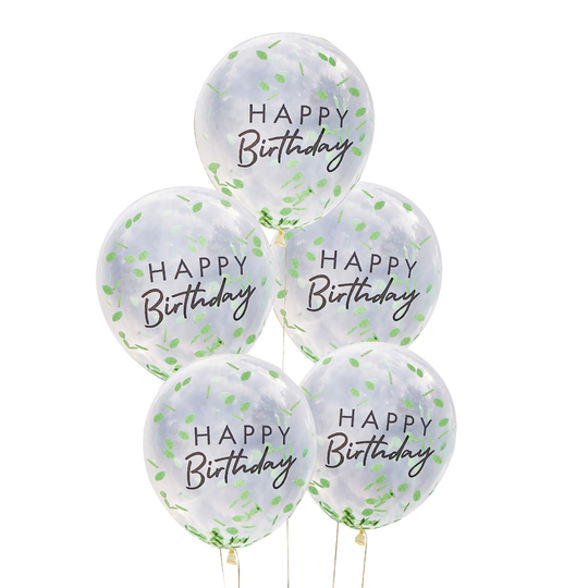 Lehti konfetti ilmapallot - Happy Birthday, 5 kpl
