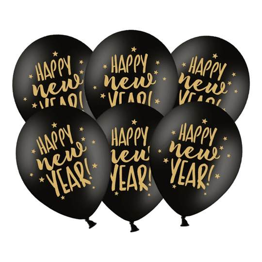 Ilmapallot Happy New Year Musta/Kultainen - 6-pakkaus