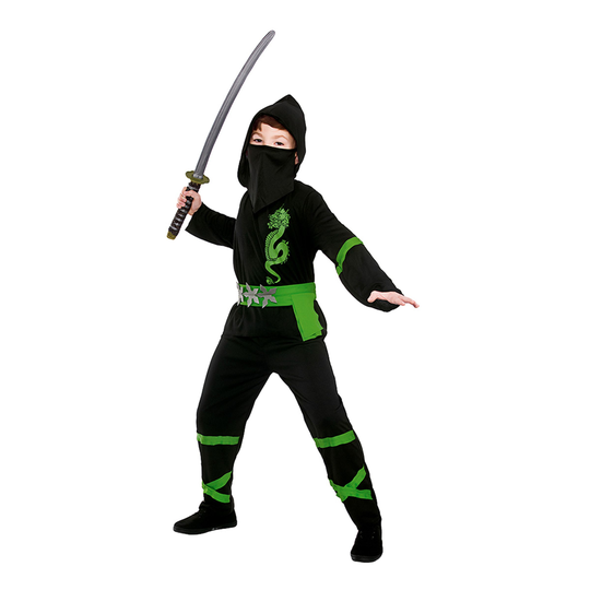 Musta/Vihreä Power Ninja Lasten Naamiaisasu - Large