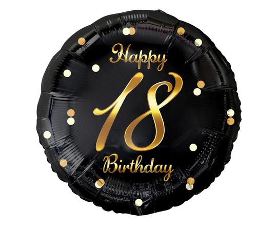 Foliopallo - Happy 18 Birthday, Musta-kulta, 45cm