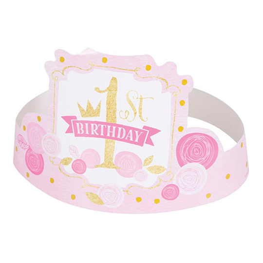 Tiarat Pahvia 1st Birthday Vaaleanpunaiset - 6-pakkaus